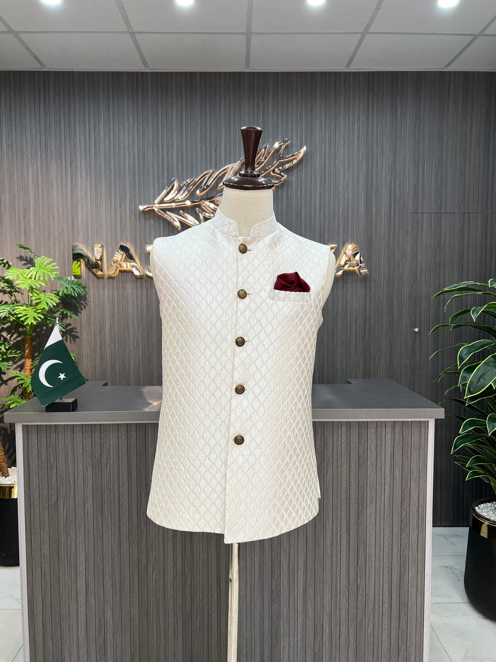 White Embroidery Waist Coat For Men's