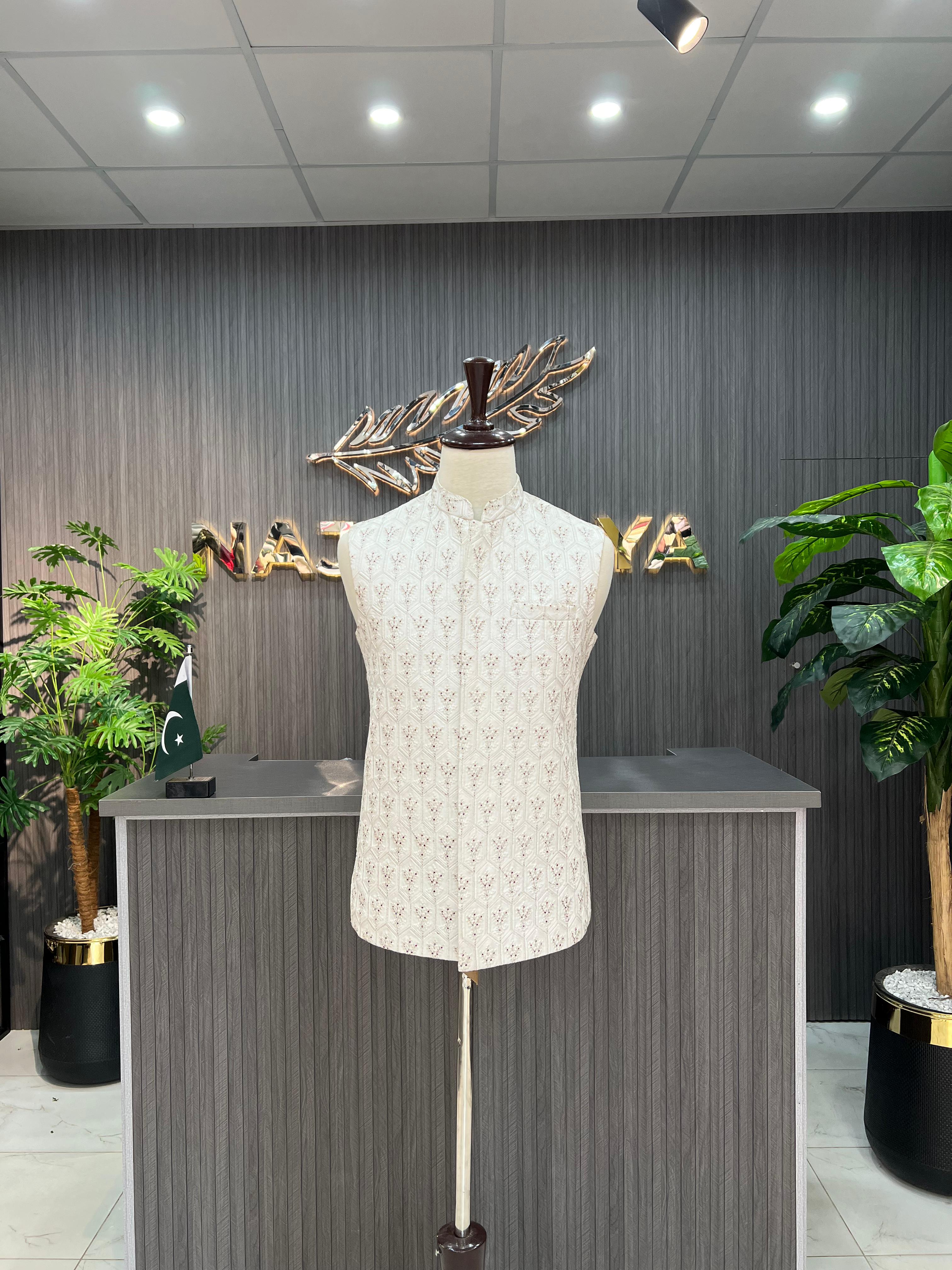 White Embroidery Waistcoat For Men's Secondary image