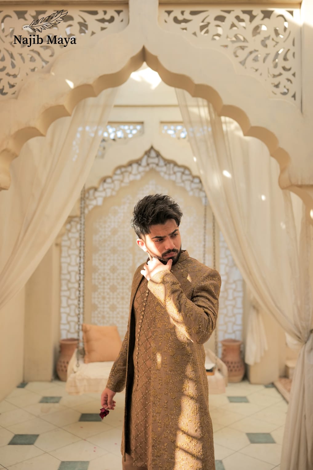 Beige Front Open Sherwani & Kurta With Bell Bottom Pajama For Men's Secondary image