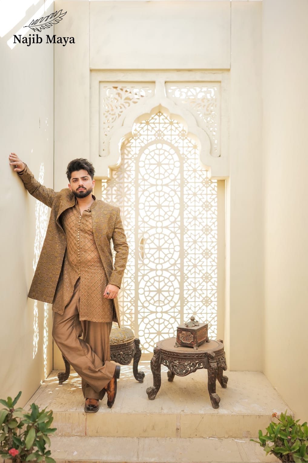 Beige Front Open Sherwani & Kurta With Bell Bottom Pajama For Men's Main image