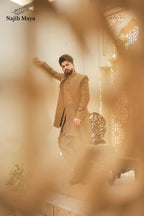 Beige Front Open Sherwani & Kurta With Bell Bottom Pajama For Men's