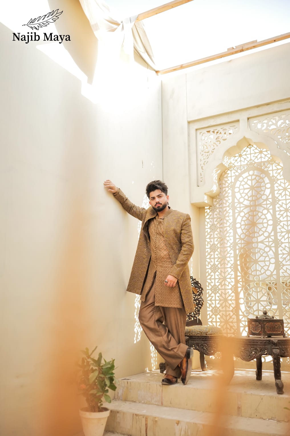 Beige Front Open Sherwani & Kurta With Bell Bottom Pajama For Men's