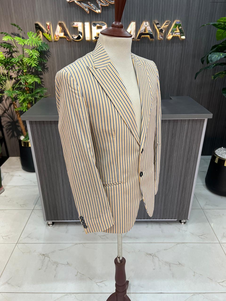 Yellow & Blue Lining Casual Coat For Men's