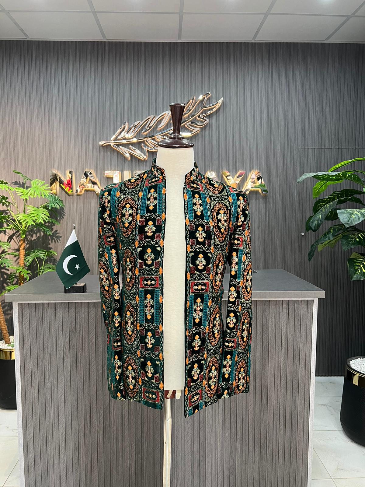 Green Multi Velvet Embroidered Prince Coat For Men's Secondary image