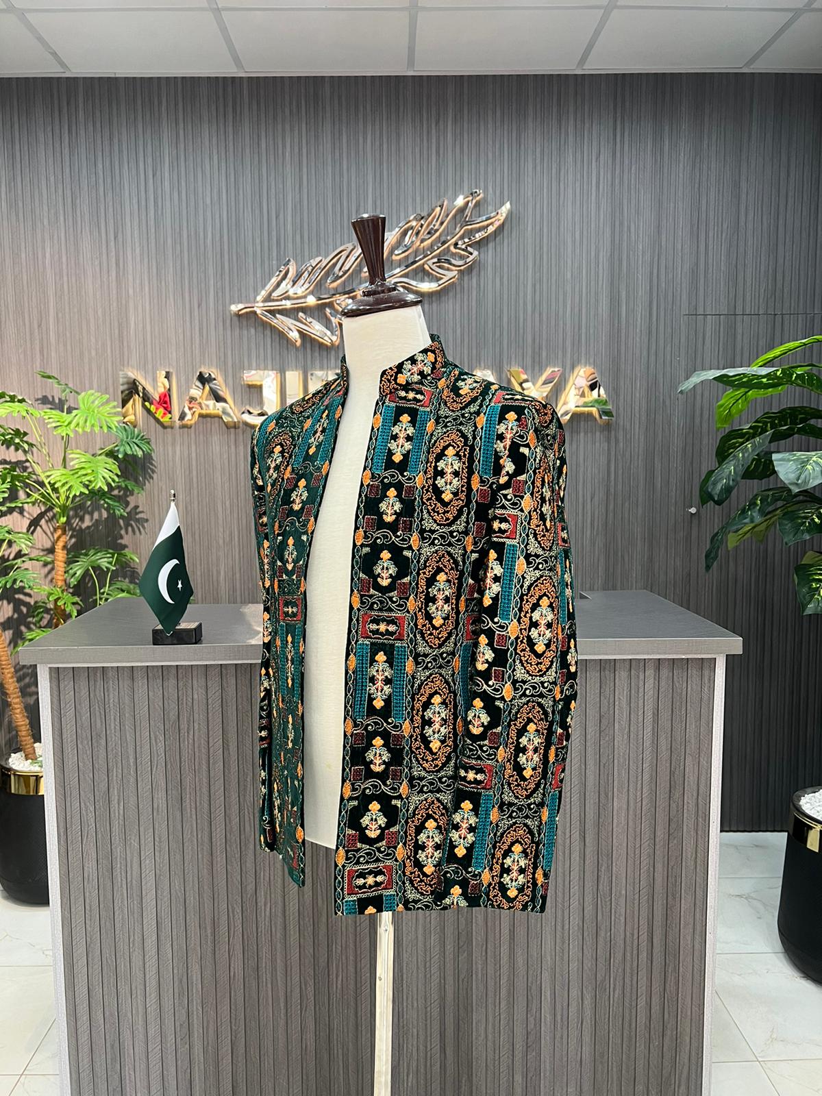 Green Multi Velvet Embroidered Prince Coat For Men's