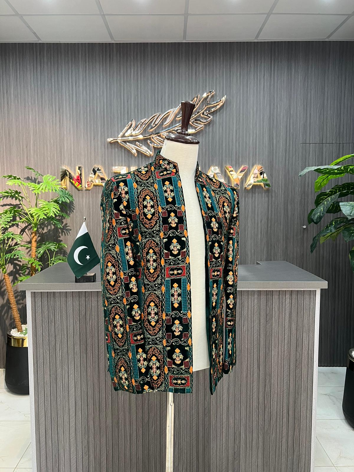 Green Multi Velvet Embroidered Prince Coat For Men's