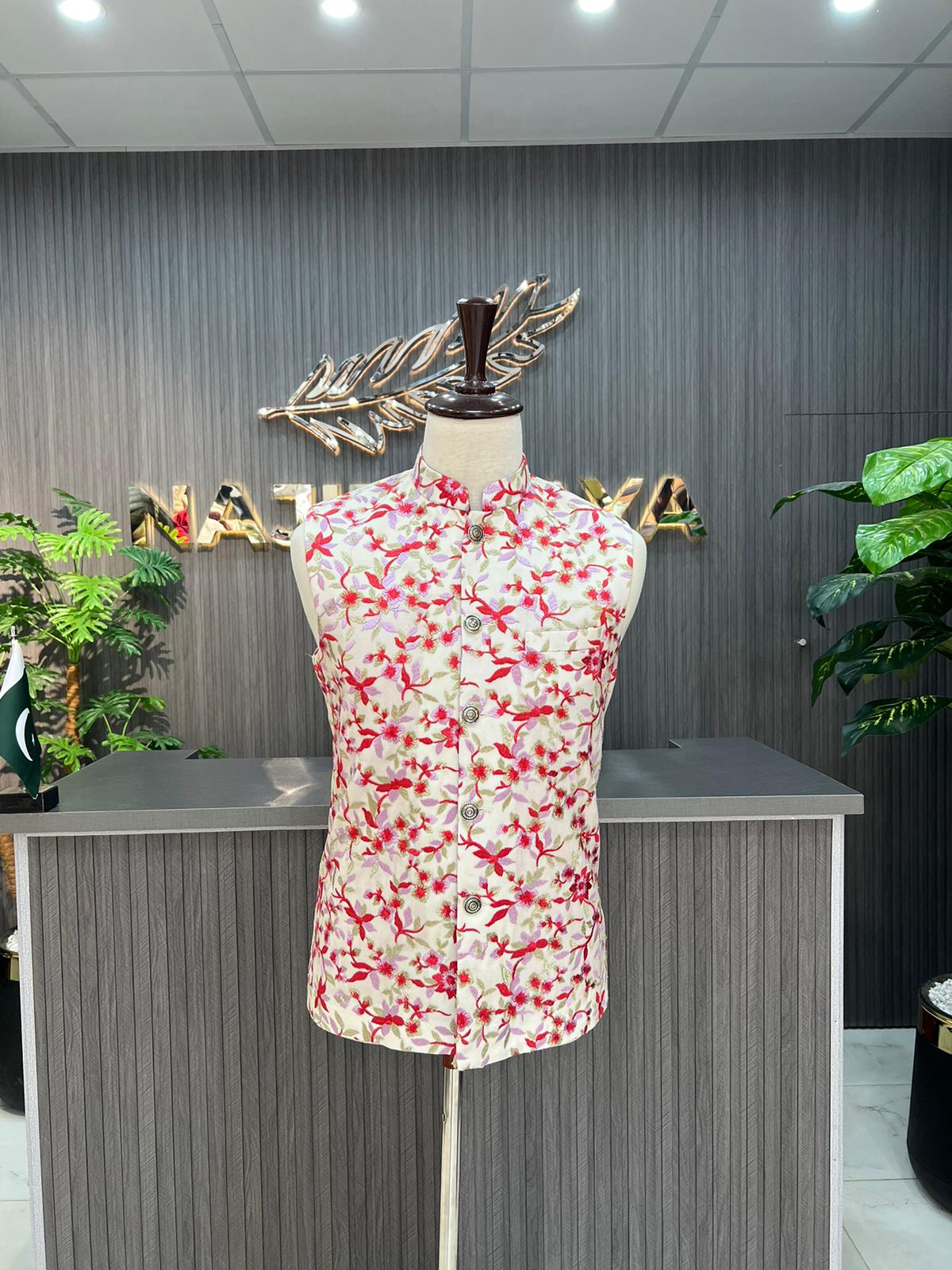 White Printed Waist Coat For Men's Secondary image