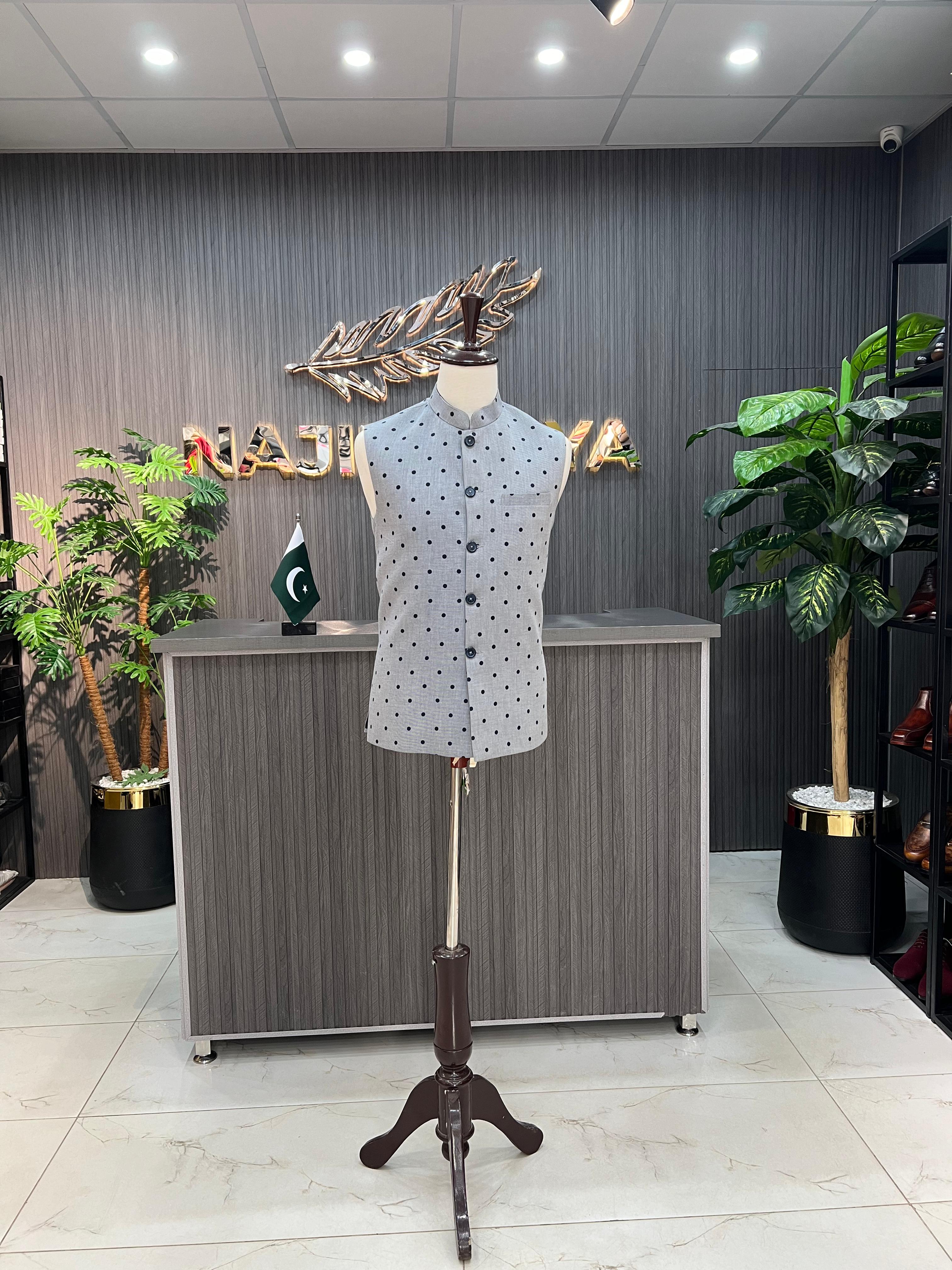 Grey Polka Dot Waist Coat For Men's Main image