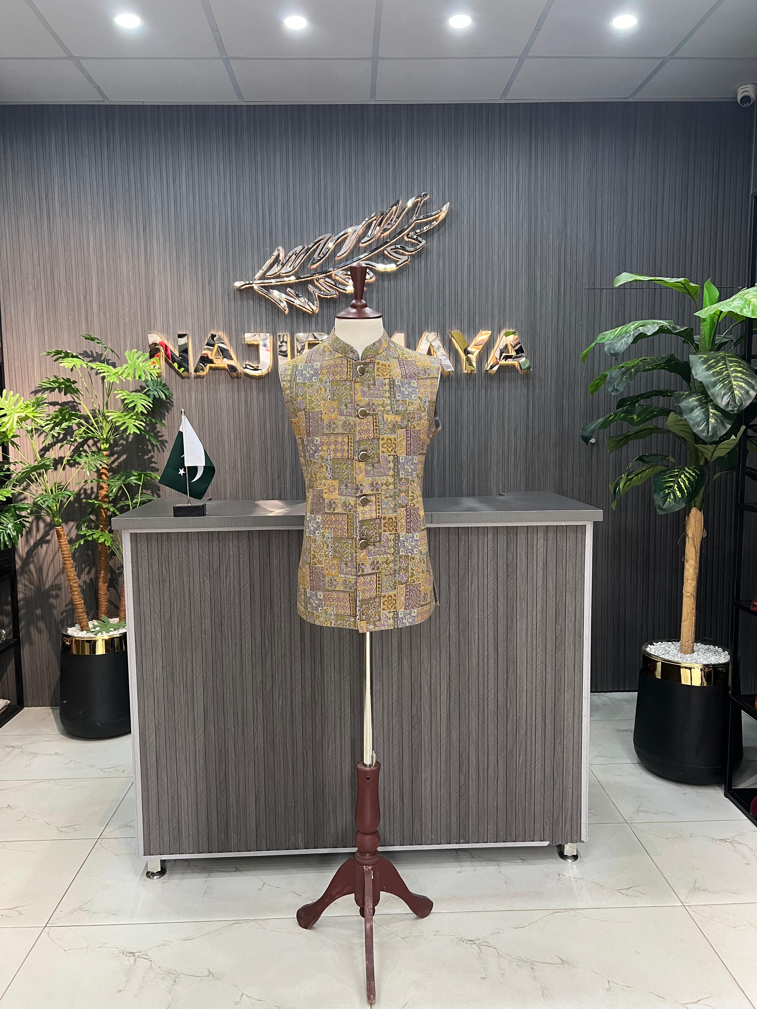 Beige Printed Waist Coat For Men's Main image