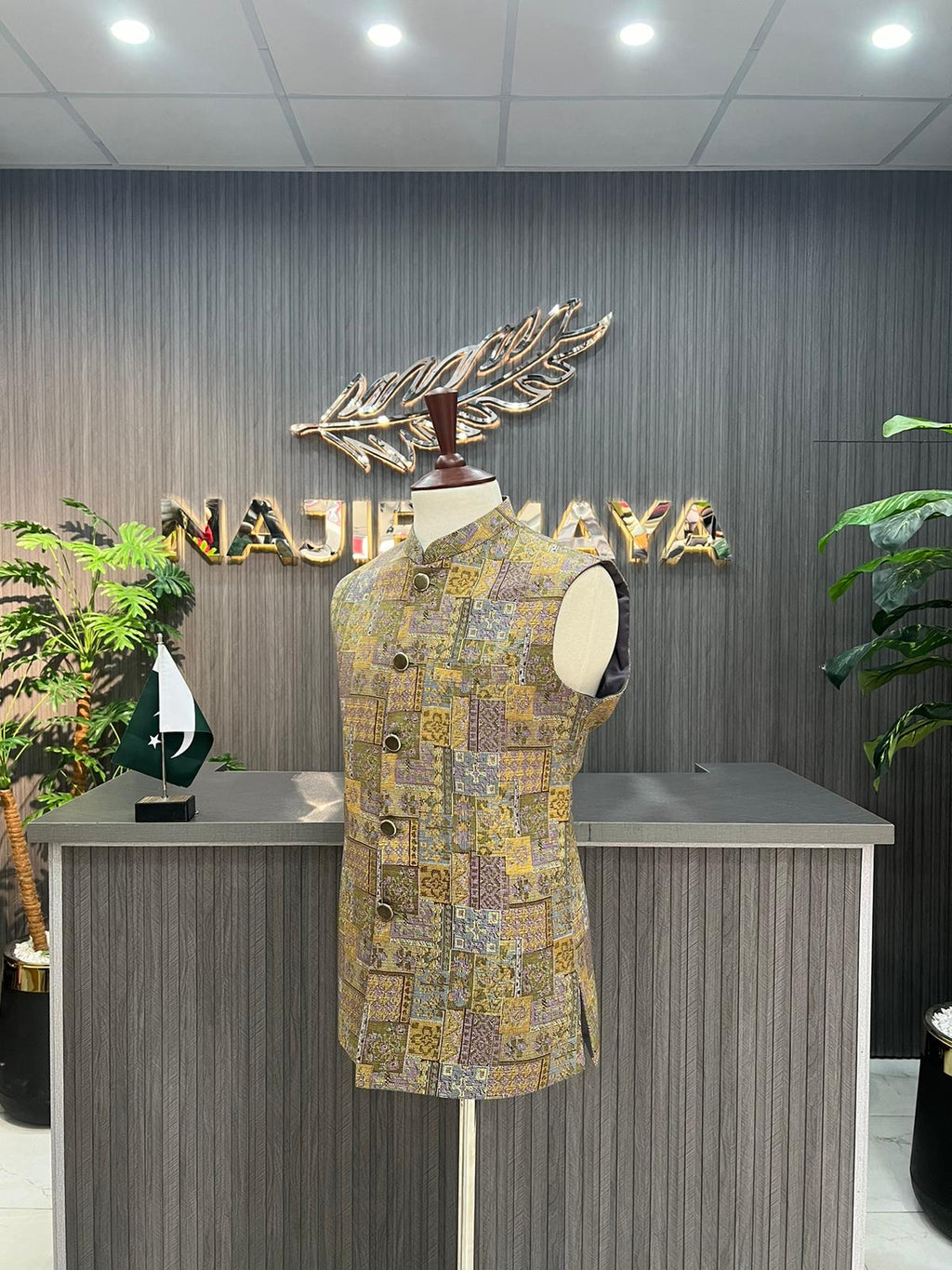 Beige Printed Waist Coat For Men's
