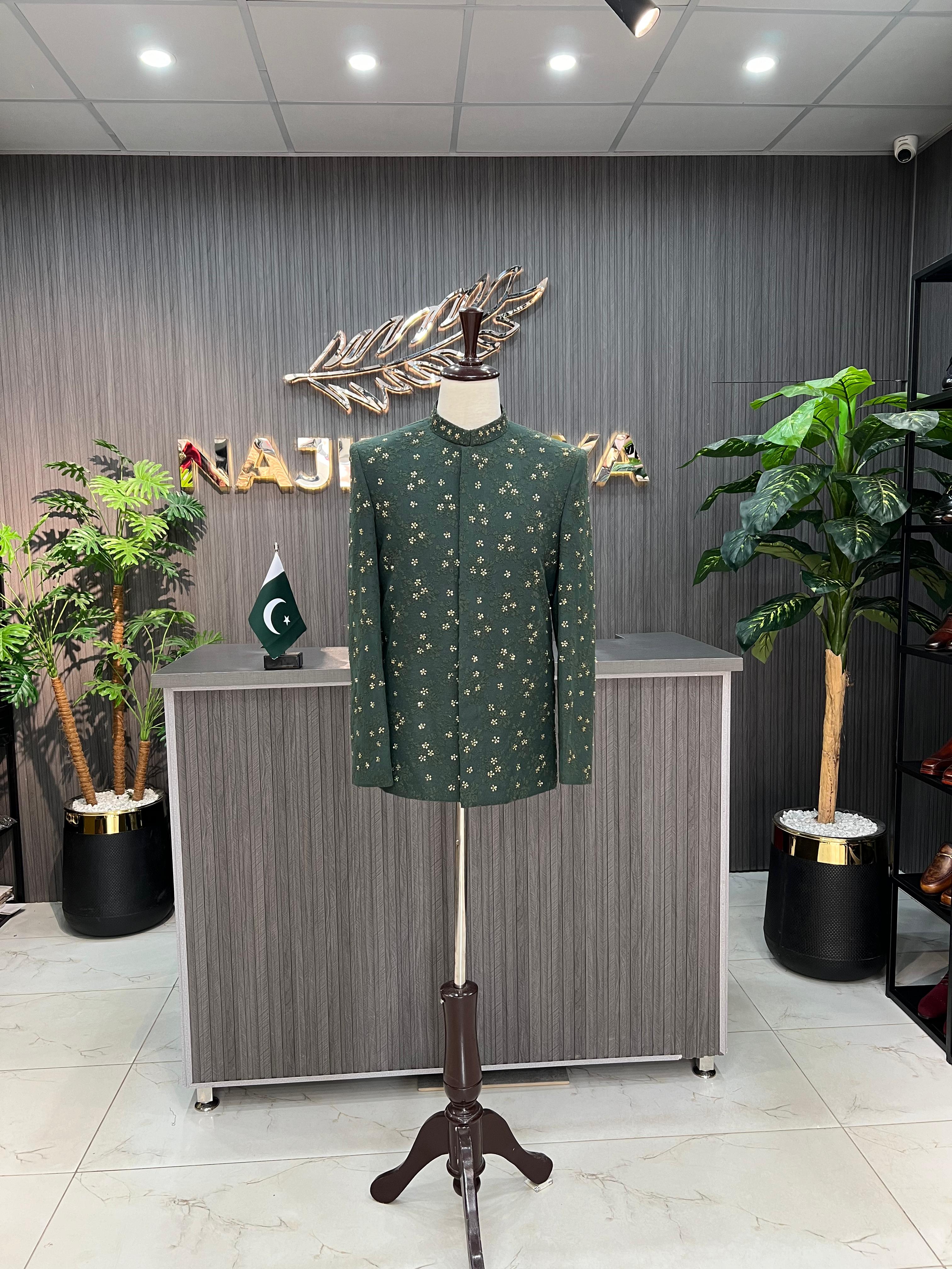 Green Embroidery + Handwork Embroidered Prince Coat For Men's Main image