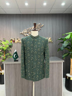 Green Embroidery + Handwork Embroidered Prince Coat For Men's