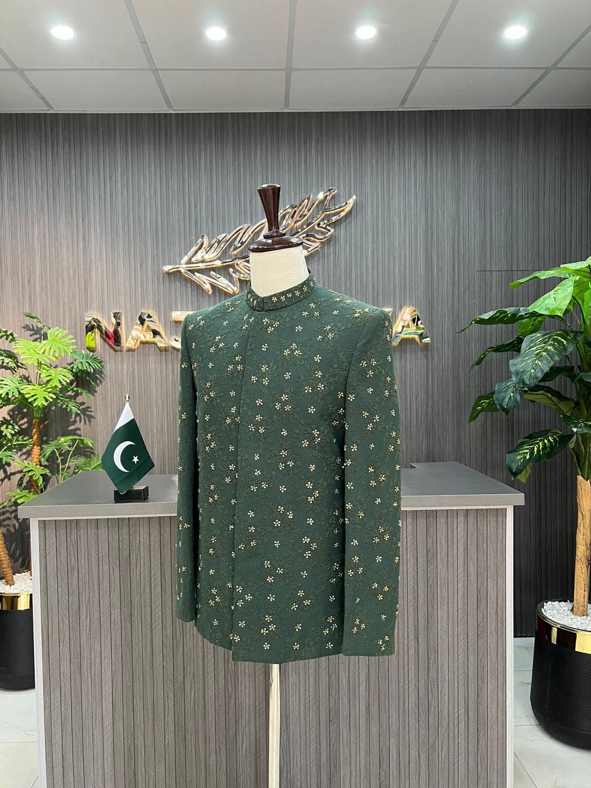 Green Embroidery + Handwork Embroidered Prince Coat For Men's