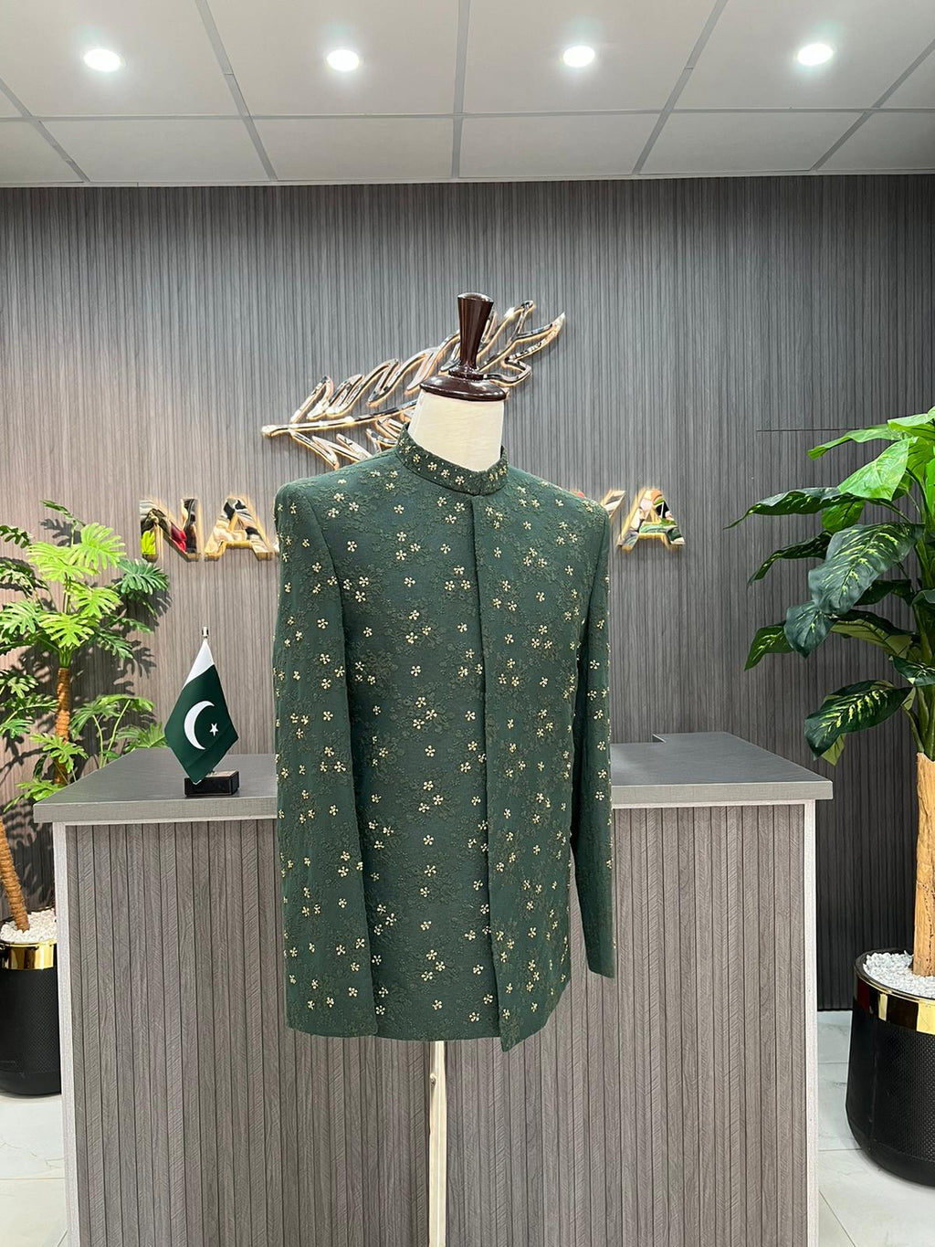 Green Embroidery + Handwork Embroidered Prince Coat For Men's