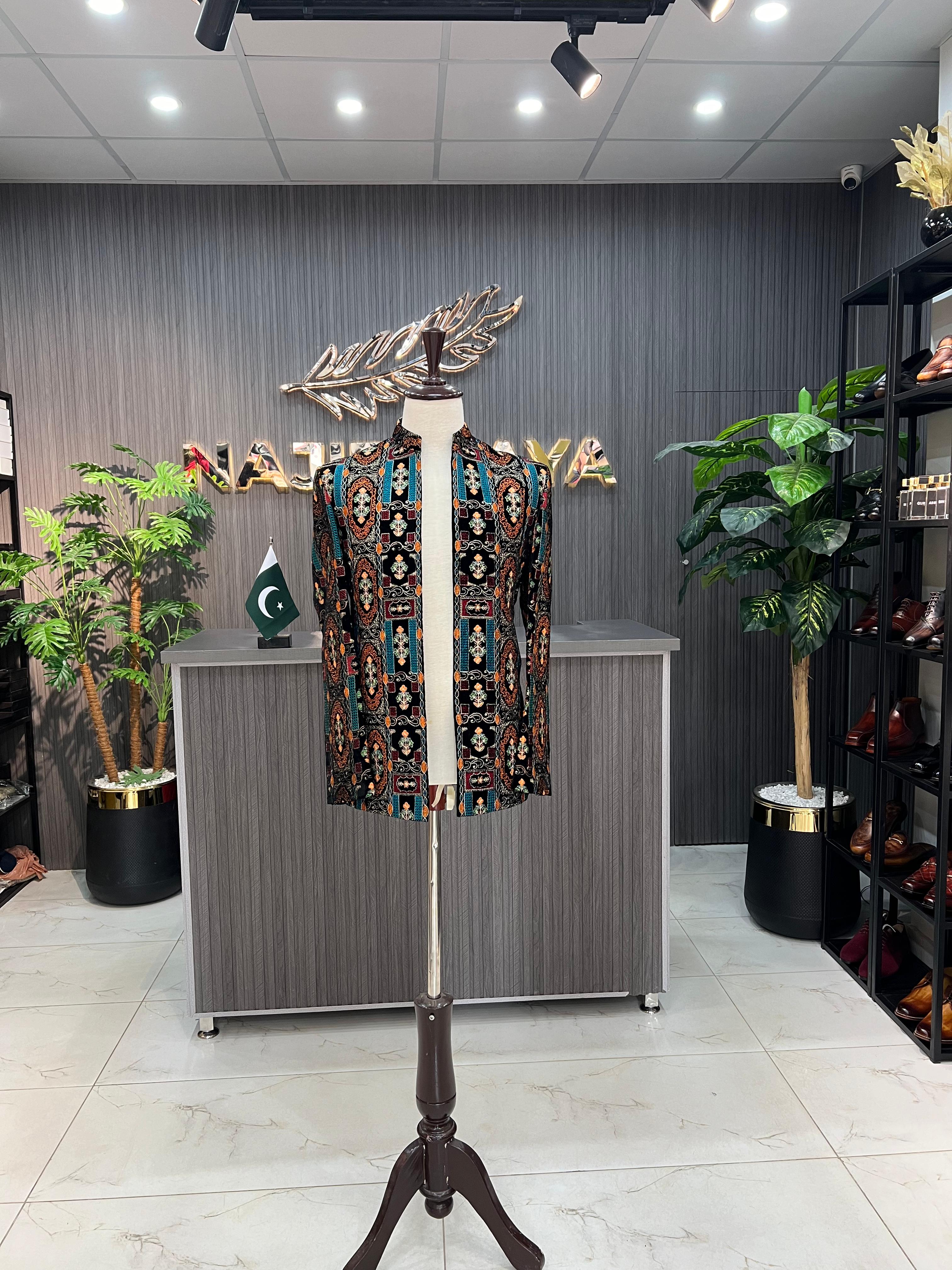 Black Multi Velvet Embroidered Prince Coat For Men's Main image