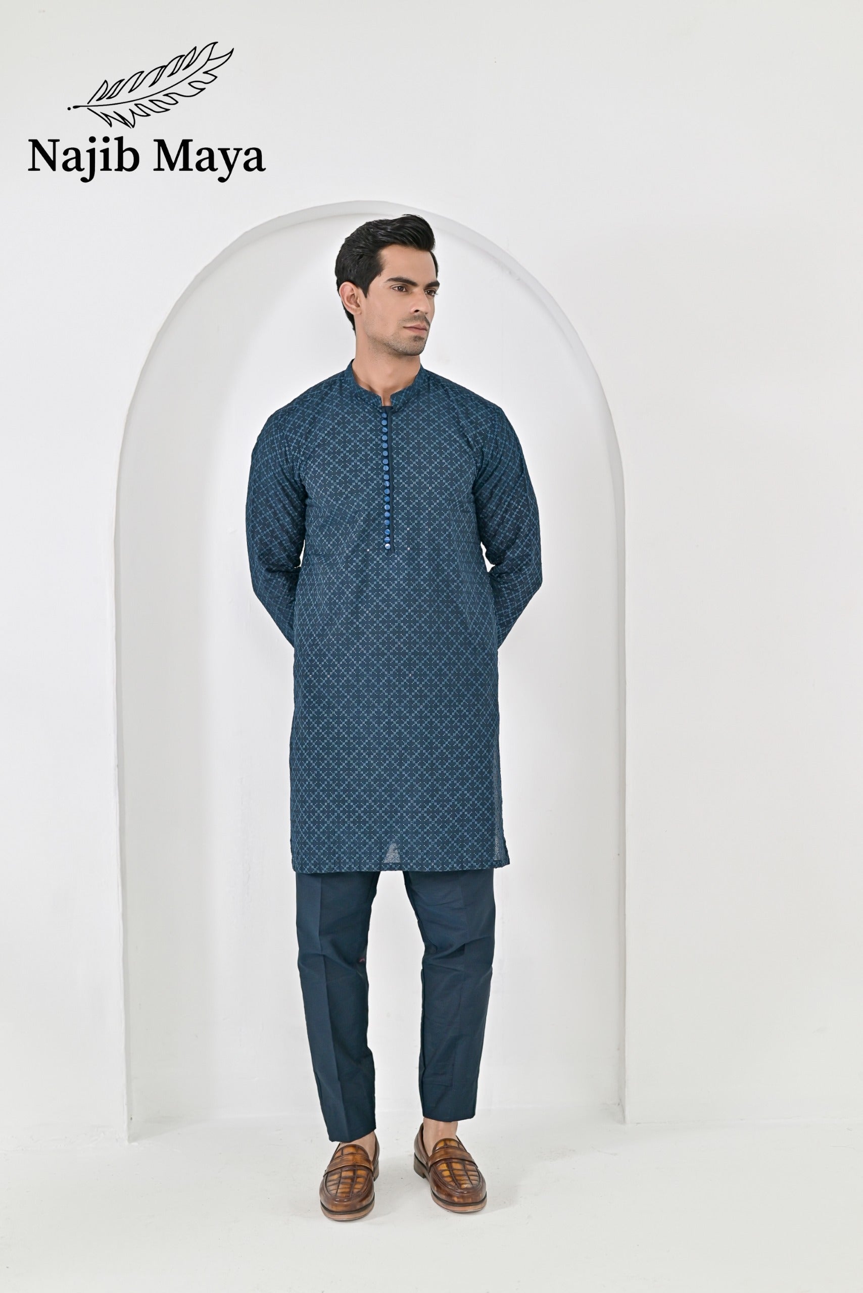 Till Blue Embroidered Kurta Pajama For Men's Main image
