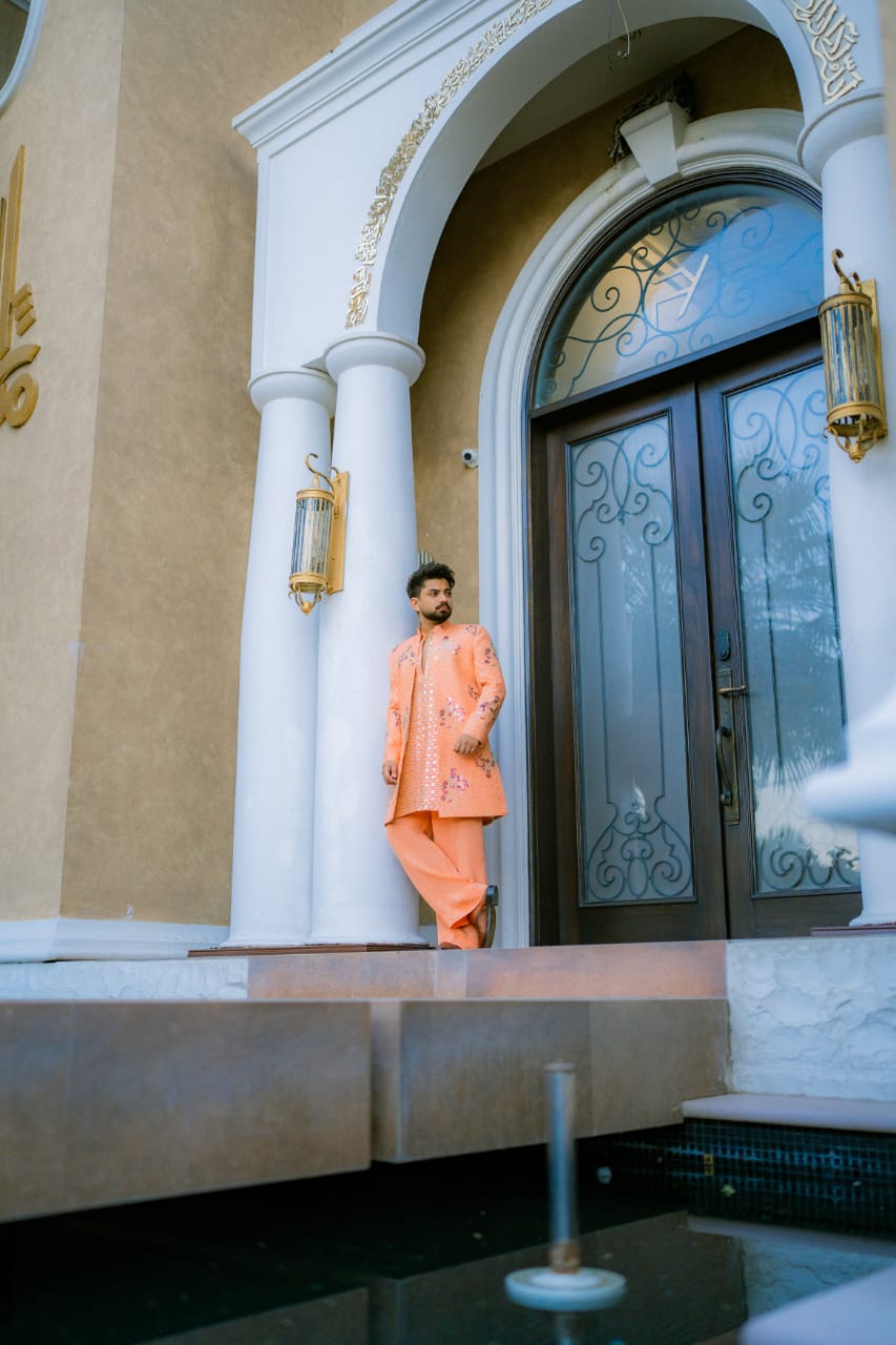 Peach Embroidery Long Coat + Kurta Pajama For Men's