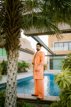 Peach Embroidery Long Coat + Kurta Pajama For Men's
