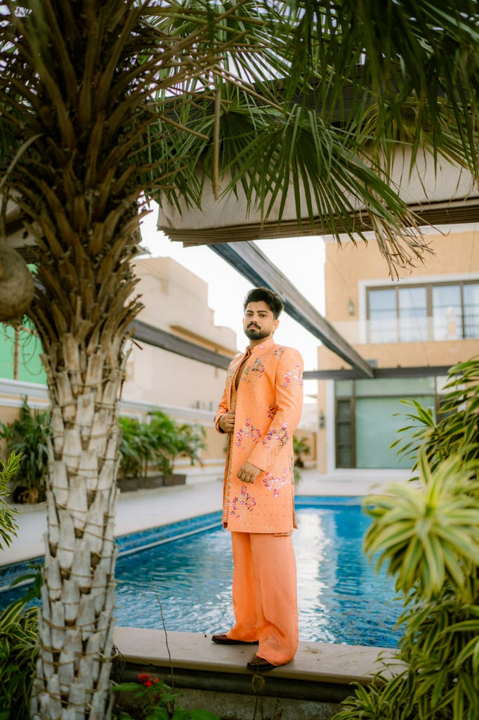 Peach Embroidery Long Coat + Kurta Pajama For Men's