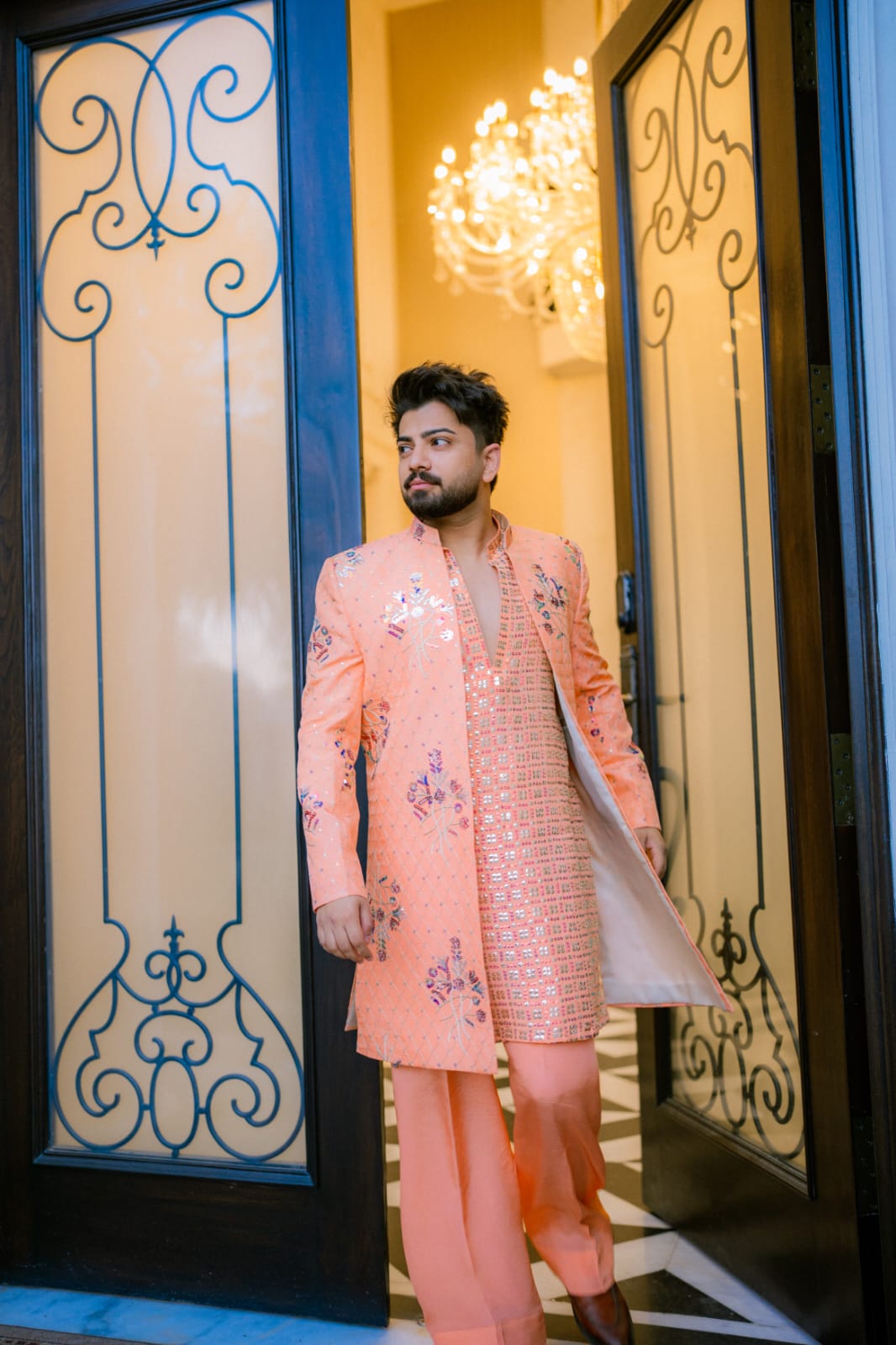 Peach Embroidery Long Coat + Kurta Pajama For Men's