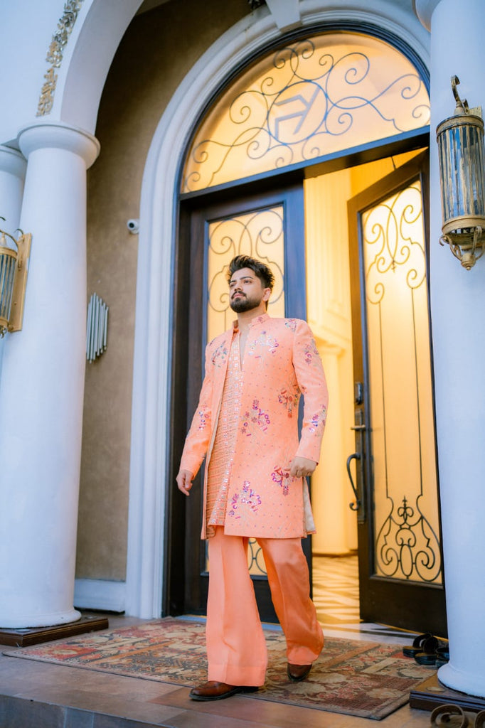 Peach Embroidery Long Coat + Kurta Pajama For Men's
