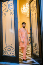 Peach Embroidery Long Coat + Kurta Pajama For Men's