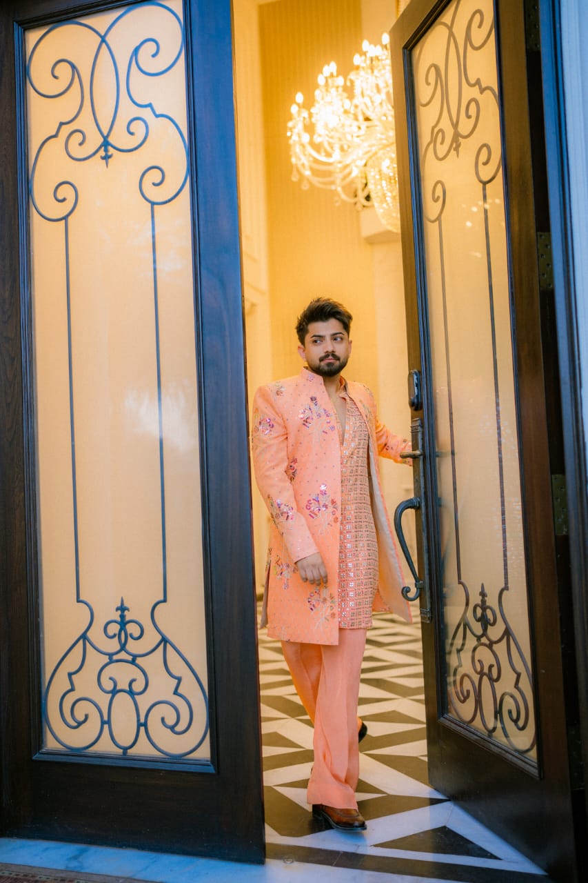 Peach Embroidery Long Coat + Kurta Pajama For Men's