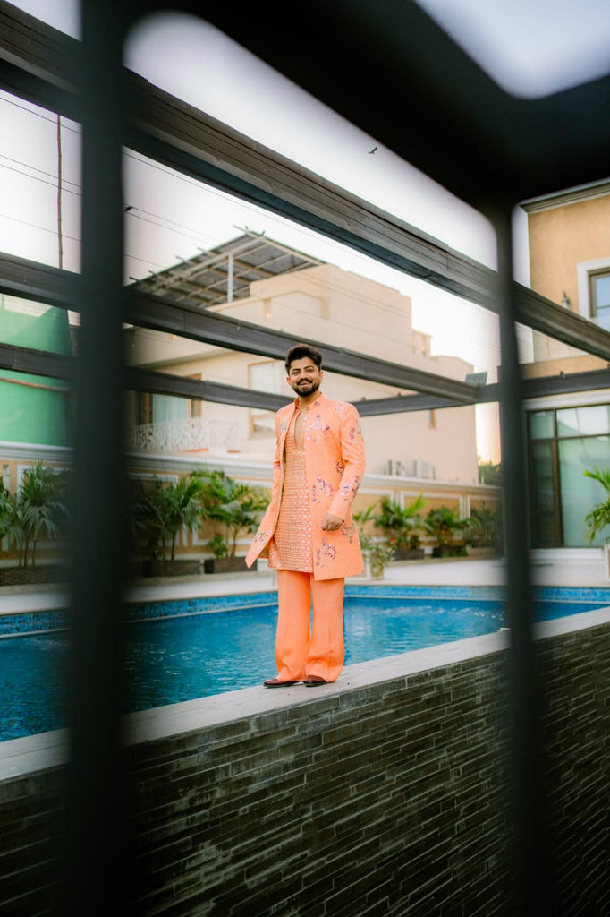 Peach Embroidery Long Coat + Kurta Pajama For Men's