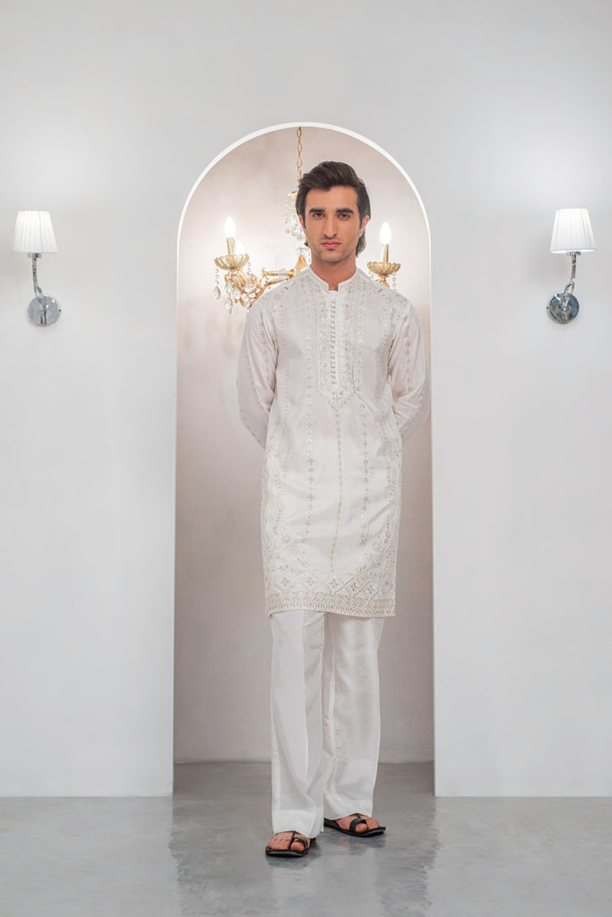 White Embroidered Kurta With Bell Bottom Pajama For Men's