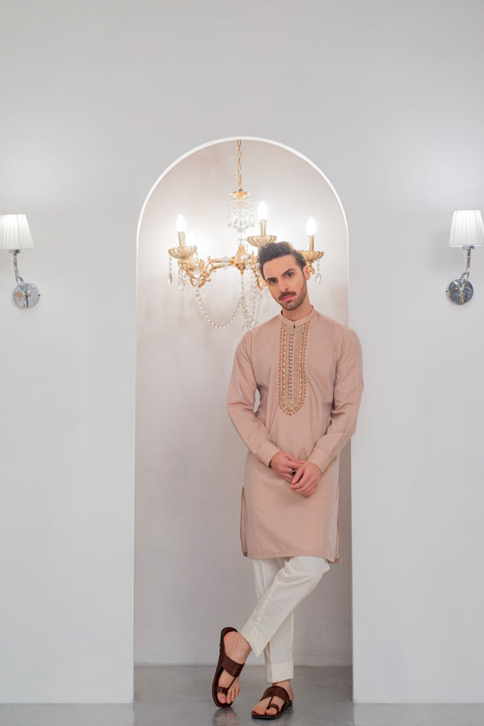 Mate Gold Front Handwork Kurta With Pajama For Men's
