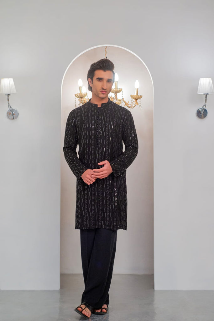 Black Embroidered Kurta With Bell Bottom Pajama For Men's