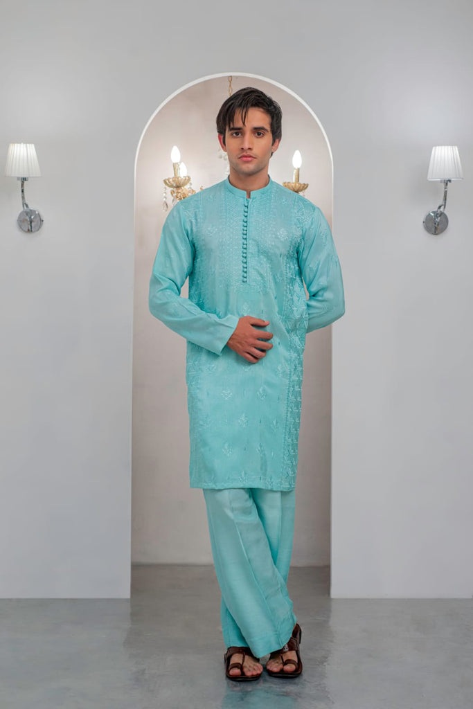 Powder Blue Embroidered Kurta With Bell Bottom Pajama For Men's