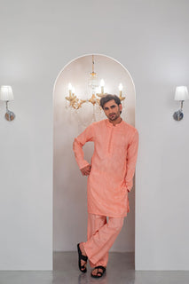 Powder Peach Embroidered Kurta With Bell Bottom Pajama For Men's