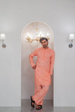 Powder Peach Embroidered Kurta With Bell Bottom Pajama For Men's