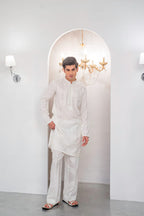 White Embroidered Kurta With Bell Bottom Pajama For Men's