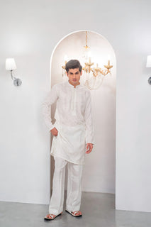 White Embroidered Kurta With Bell Bottom Pajama For Men's