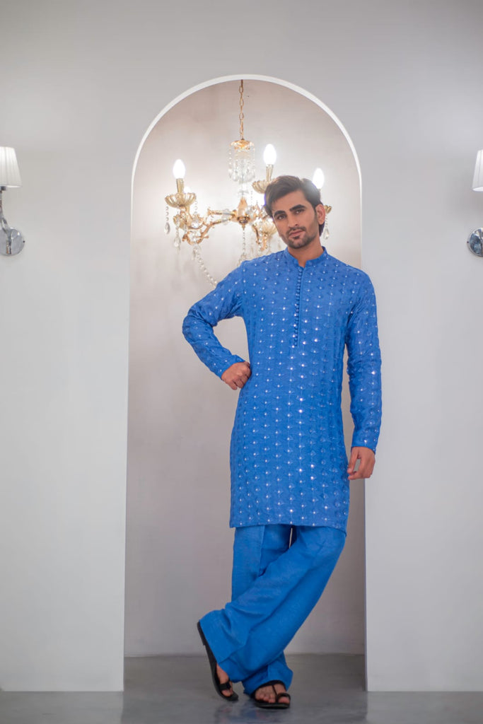 Ink Blue Embroidered Kurta With Bell Bottom Pajama For Men's