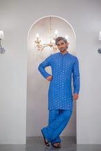 Load image into Gallery viewer, Ink Blue Embroidered Kurta With Bell Bottom Pajama For Men's