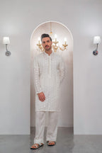 White Embroidered Kurta With Bell Bottom Pajama For Men's