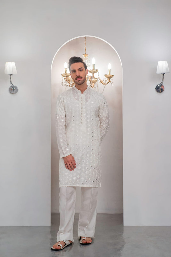 White Embroidered Kurta With Bell Bottom Pajama For Men's