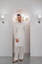 Load image into Gallery viewer, White Embroidered Kurta With Bell Bottom Pajama For Men's