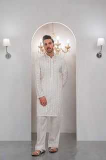 White Embroidered Kurta With Bell Bottom Pajama For Men's