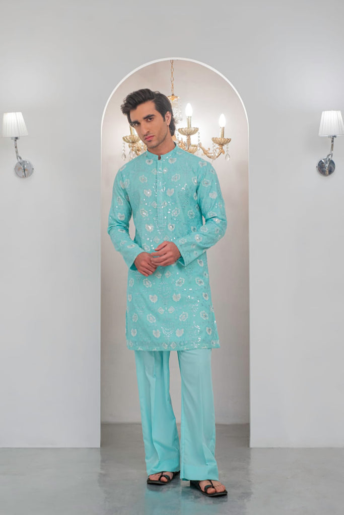 Powder Green Embroidered Kurta With Bell Bottom Pajama For Men's