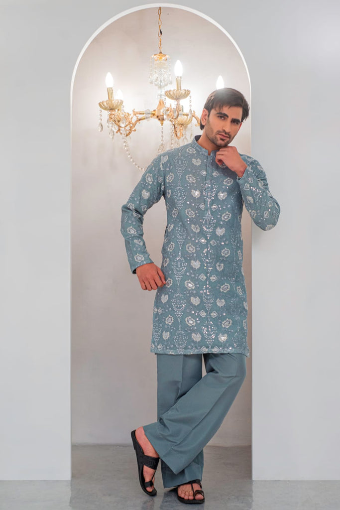 Grayish Blue Embroidered Kurta With Bell Bottom Pajama For Men's