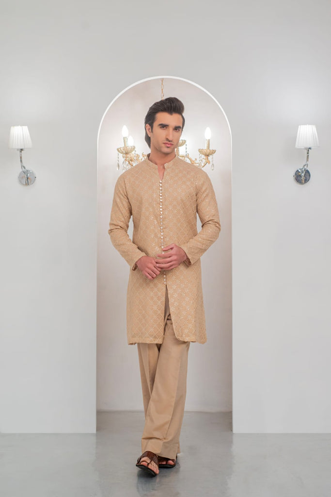 Mate Gold Front Open Embroidered Kurta With Bell Bottom Pajama For Men's