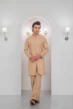 Load image into Gallery viewer, Mate Gold Front Open Embroidered Kurta With Bell Bottom Pajama For Men's