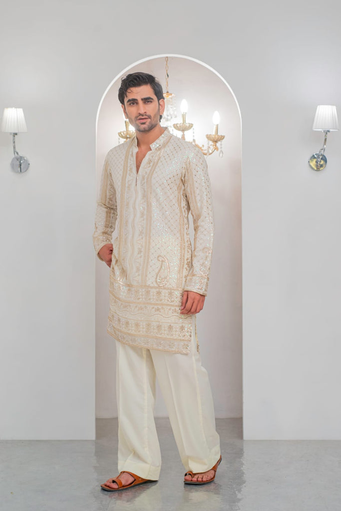 Cream Embroidered Kurta With Bell Bottom Pajama For Men's