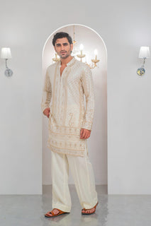 Cream Embroidered Kurta With Bell Bottom Pajama For Men's