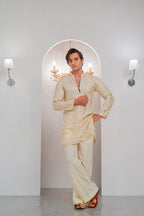 Cream Embroidered Kurta With Bell Bottom Pajama For Men's