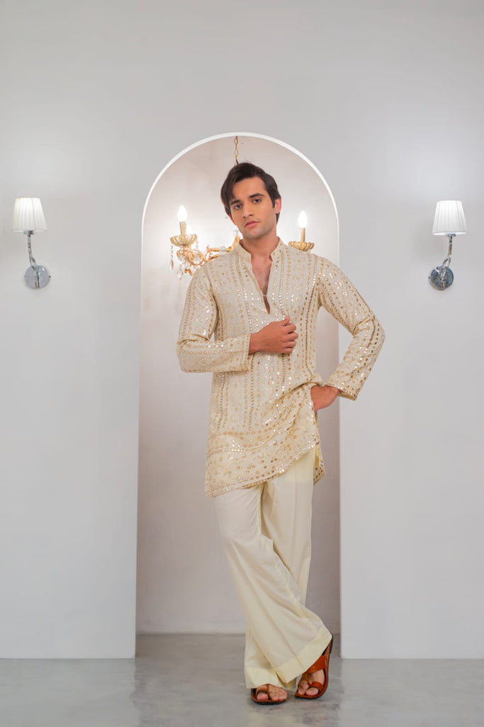 Cream Embroidered Kurta With Bell Bottom Pajama For Men's